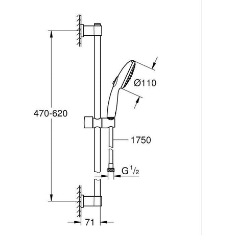 Ensemble de douche avec pommeau 2 jets, barre 60cm et flexible - GROHE Vitalio Start 110 26951001 - Economie d'eau - Chromé