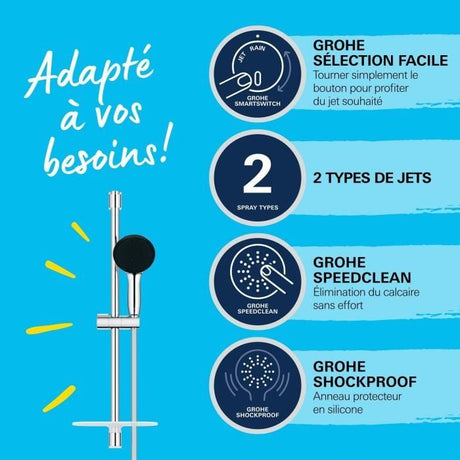 Ensemble de douche avec pommeau 2 jets, barre 60cm, flexible et tablette- GROHE Vitalio Start 110 26952001 - Economie d'eau - Chromé