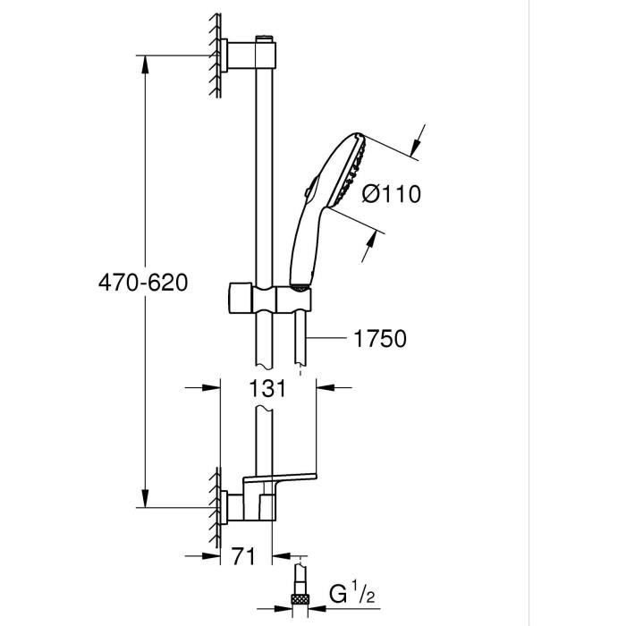 Ensemble de douche avec pommeau 2 jets, barre 60cm, flexible et tablette- GROHE Vitalio Start 110 26952001 - Economie d'eau - Chromé