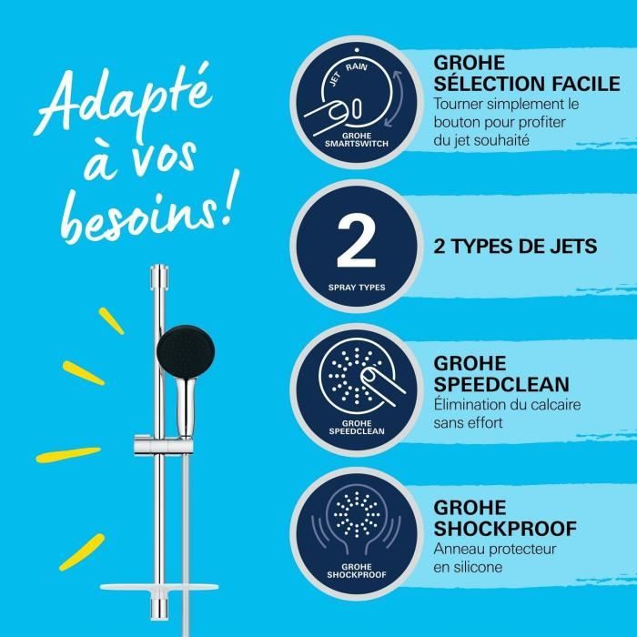 Ensemble de douche avec pommeau 2 jets, barre 60cm, flexible et tablette- GROHE Vitalio Start 110 26952001 - Economie d'eau - Chromé