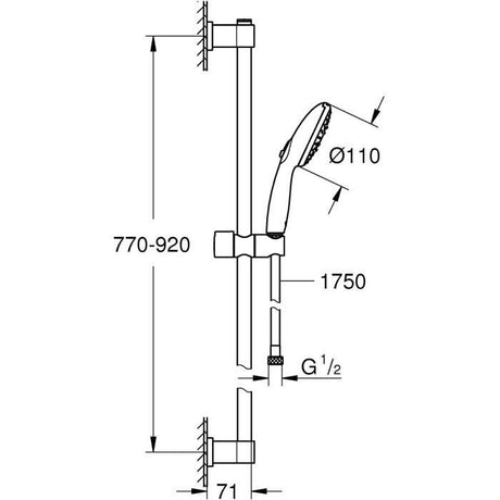 Ensemble de douche avec pommeau 3 jets, barre 90cm et flexible - GROHE Vitalio Start 110 26956001 - Economie d'eau - Chromé