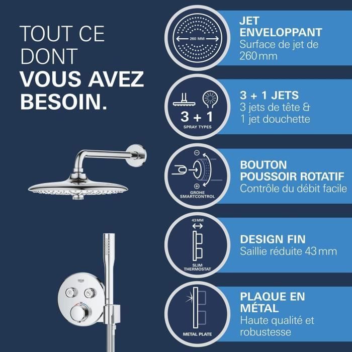 Ensemble de douche encastré - Tous les types de jets - Mitigeur thermostatique - GROHE - 34878000 - Gris