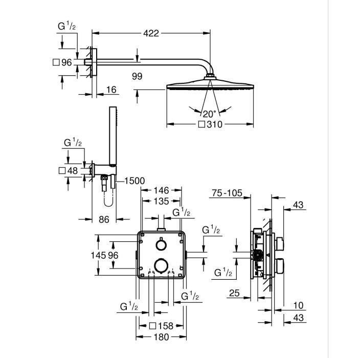 Ensemble de douche encastré - 1 jet - Mitigeur thermostatique - GROHE - 34881000 - Gris