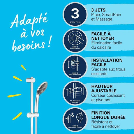 Ensemble de douche 3 jets - GROHE - Vitalio Joy 110 Massage - Flexible lisse - Systeme anti-torsion