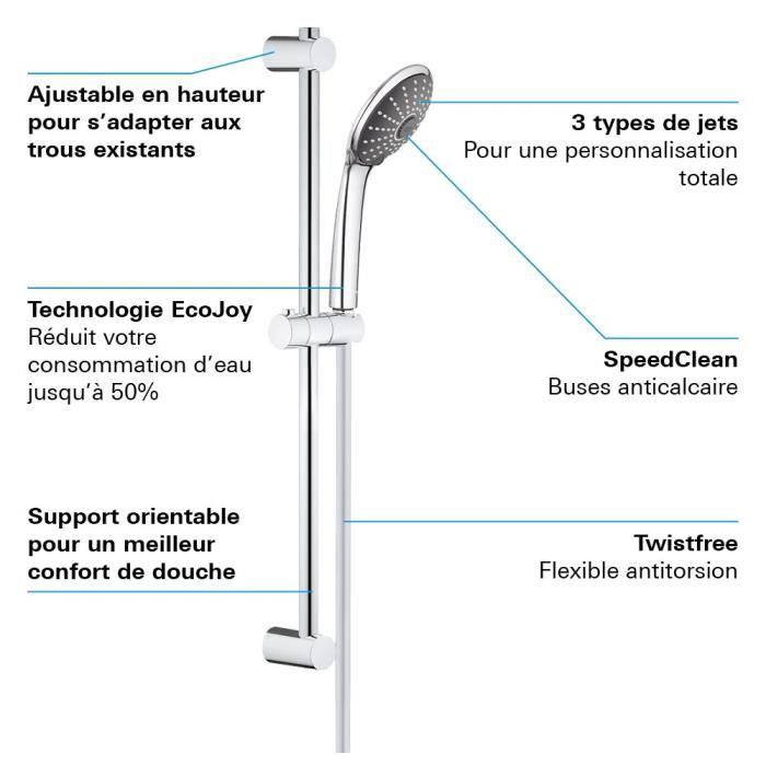 Ensemble de douche 3 jets - GROHE - Vitalio Joy 110 Massage - Flexible lisse - Systeme anti-torsion