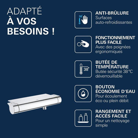 GROHE Mitigeur thermostatique douche ˝ Grohtherm 2000 34469001 - Porte-savon - Limiteur de température - Economie d'eau - Chrome
