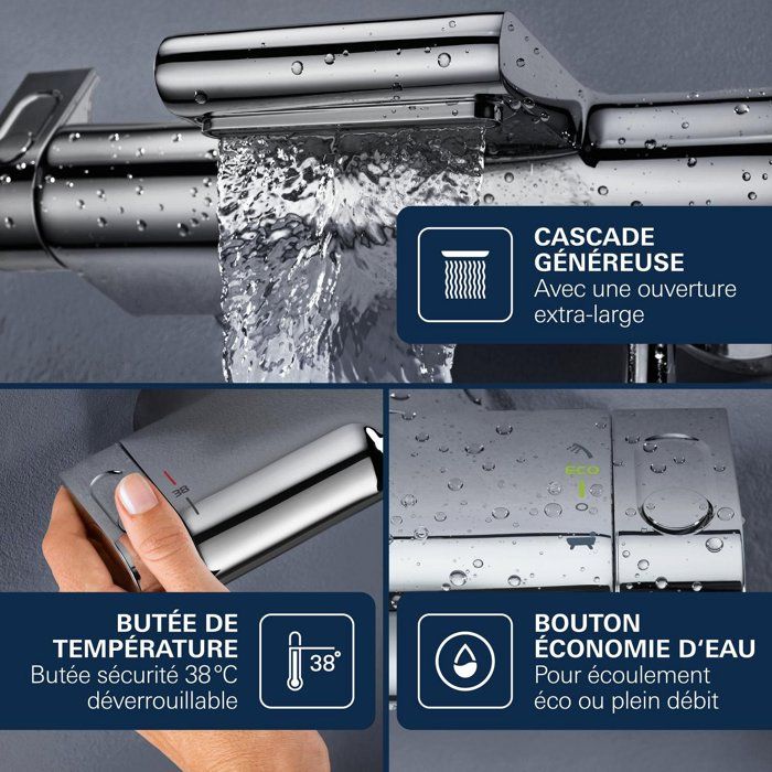 GROHE Mitigeur mural thermostatique bain/douche ˝ Grohtherm 2000 34174001 - Jet cascade - Limiteur de température - Economie d'eau