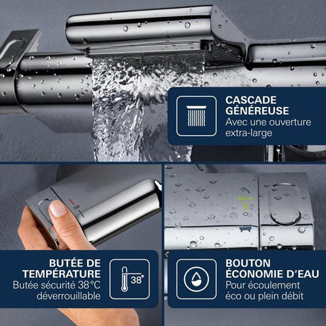 GROHE Mitigeur mural thermostatique bain/douche ˝ Grohtherm 2000 34174001 - Jet cascade - Limiteur de température - Economie d'eau