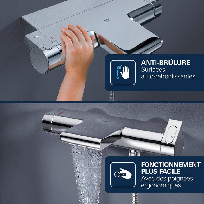GROHE Mitigeur mural thermostatique bain/douche ˝ Grohtherm 2000 34174001 - Jet cascade - Limiteur de température - Economie d'eau