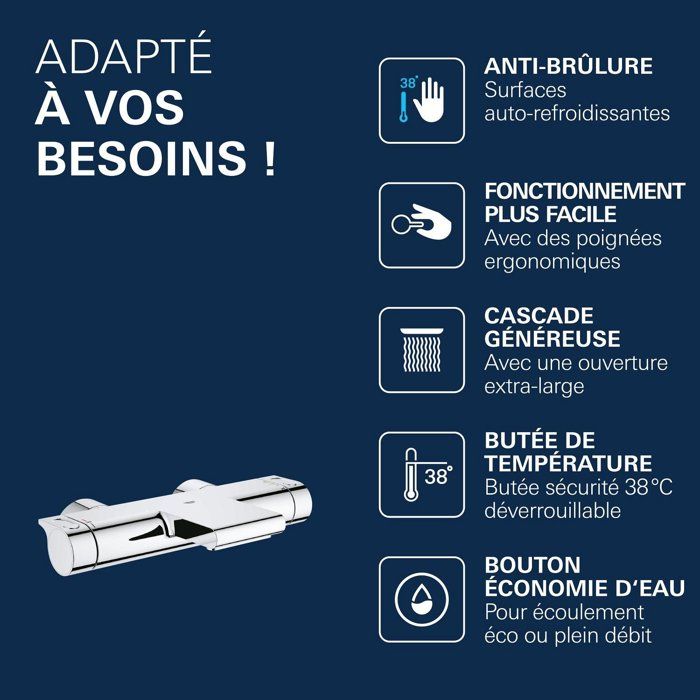 GROHE Mitigeur mural thermostatique bain/douche ˝ Grohtherm 2000 34174001 - Jet cascade - Limiteur de température - Economie d'eau