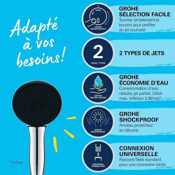 Pommeau de douche - GROHE Vitalio Start 110 27946001 - 2 jets (Pluie/Stimulant) - Economie d'eau - Procédé anti-calcaire - Chromé