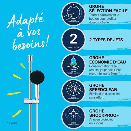 Ensemble de douche avec pommeau 2 jets, barre 60cm et flexible 1,75m - GROHE Vitalio Start 110 27948001 - Economie d'eau - Chromé