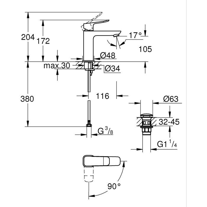 Mitigeur de lavabo - GROHE DICE - Taille M - Cartouche Ch3 & clic-clac - Noir mat