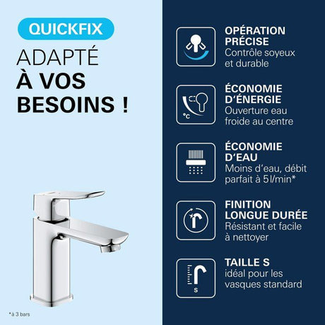 Mitigeur de lavabo - GROHE DICE - Taille S - Cartouche Ch3 & vidage clic-clac - Chrome
