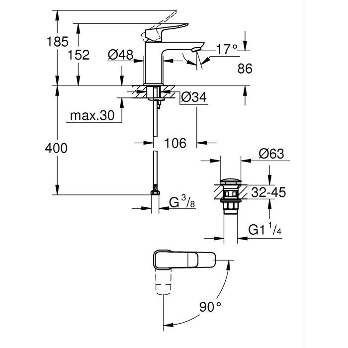 Mitigeur de lavabo - GROHE DICE - Taille S - Cartouche Ch3 & vidage clic-clac - Chrome