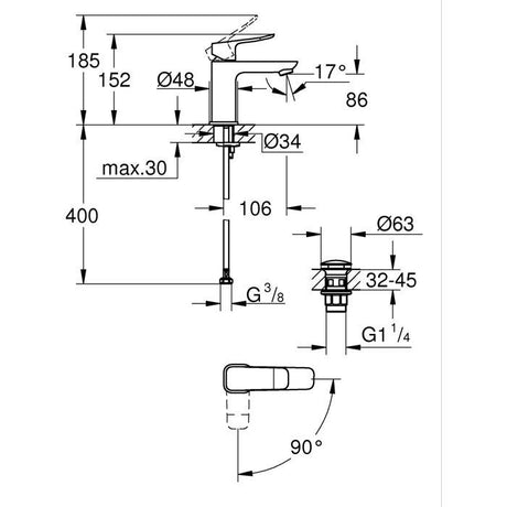 Mitigeur de lavabo - GROHE DICE - Taille S - Cartouche Ch3 & vidage clic-clac - Chrome