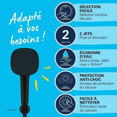 Ensemble de douche avec pommeau 2 jets, support et flexible - GROHE Vitalio Comfort 110 263992431 - Sélection facile -Economie d'eau