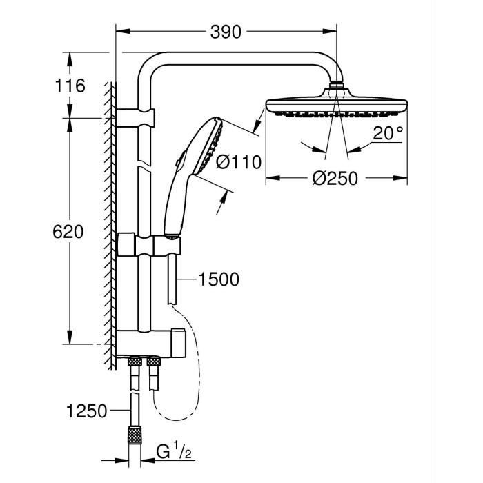 Colonne de douche avec inverseur manuel - Economie d'eau - GROHE Vitalio Start System 250 - Noir Mat - 266802431