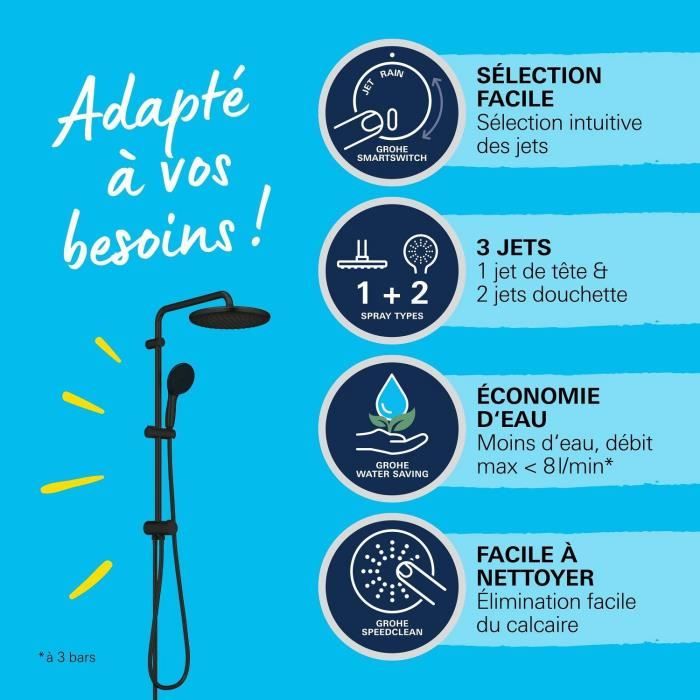 Colonne de douche avec inverseur manuel - Economie d'eau - GROHE Vitalio Start System 250 - Noir Mat - 266802431