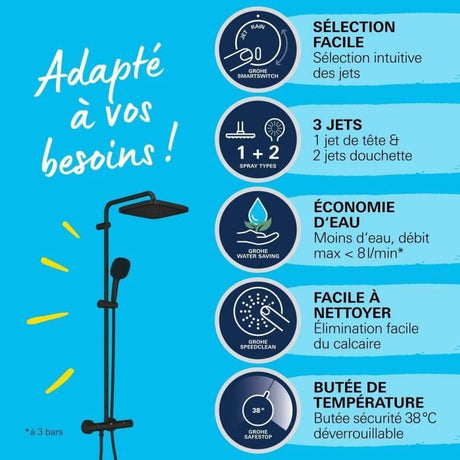 Colonne de douche avec mitigeur thermostatique - Economie d'eau - GROHE Vitalio Comfort 250 - Noir Mat - 266962431