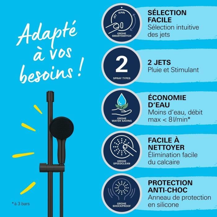 Ensemble de douche avec pommeau 2 jets, barre 60cm et flexible 1,75m - GROHE Vitalio Start 110 279482431 - Economie d'eau - Noir Mat