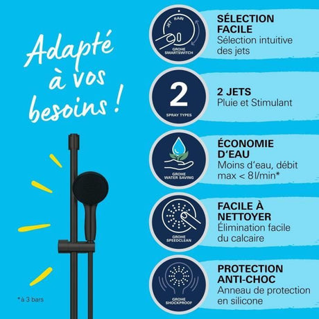 Ensemble de douche avec pommeau 2 jets, barre 60cm et flexible 1,75m - GROHE Vitalio Start 110 279482431 - Economie d'eau - Noir Mat