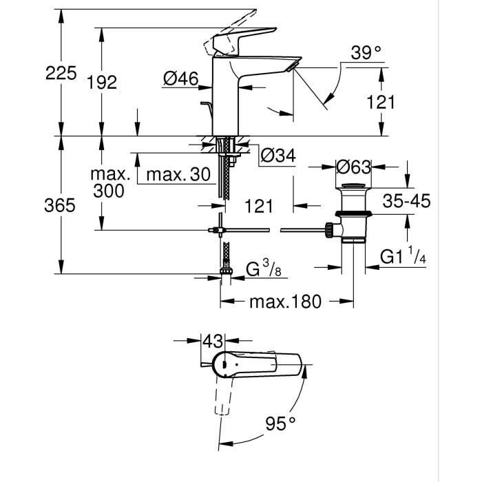 Mitigeur monocommande lavabo - GROHE Start - 235522432 -Noir mat -Taille M -Ouverture Eau Froide -Economie d'eau -Tirette et vidage