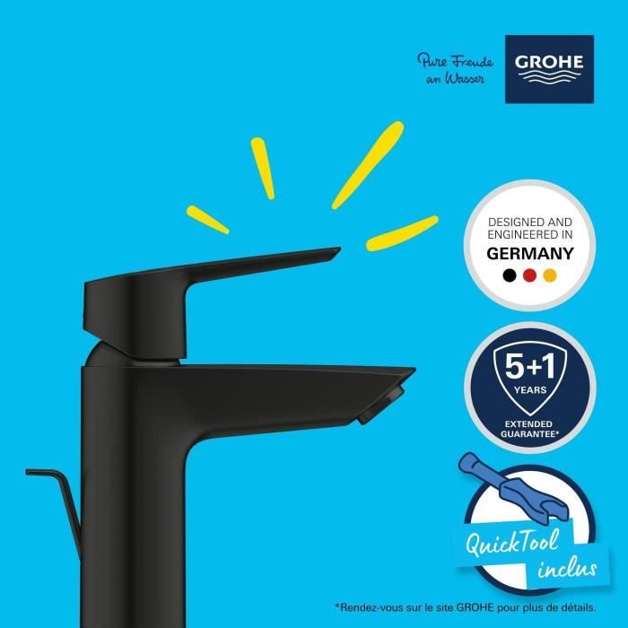 Mitigeur monocommande lavabo - GROHE Start - 242092432 - Noir mat - Taille S - Economie d'eau - Tirette et vidage