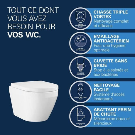 Ensemble WC suspendu compact - Sortie horizontale - Sans bride - GROHE Euro Ceramic Triple Vortex (102 486 SH00)
