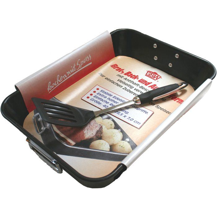 Plat a gratin - GSW - 40 x 28 x 7 cm - Acier massif - Anti-adhésif - Poignées inox rabattables - Avec Spatule - Noir