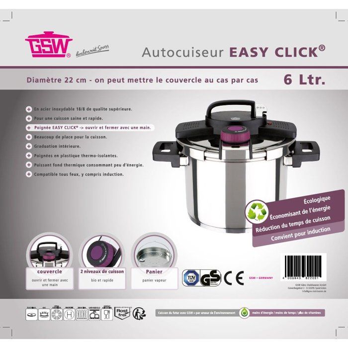 Autocuiseur - Induction - GSW - Easy Click - 6 L - Ř 22 cm - Acier massif 18/10