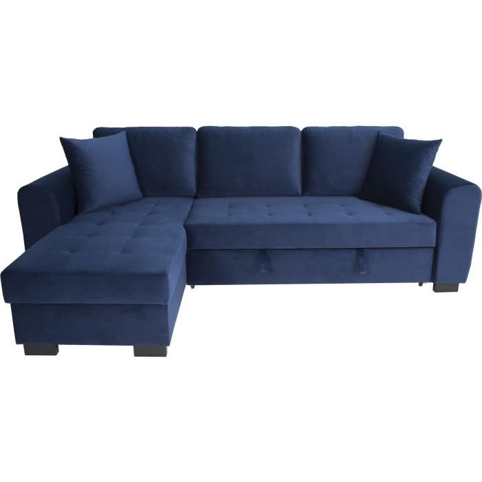 Canapé d'angle convertible HAMILTON 4 places - Tissu velours bleu - L 245 x P 140 x H 86 - Coffre de rangement