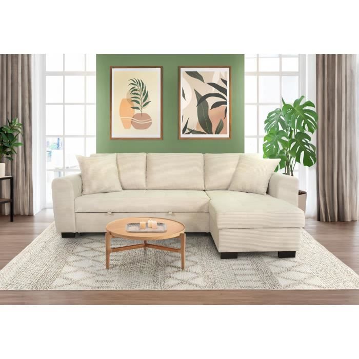 Canapé d'angle convertible réversible - 4 places - HAMILTON - Velours Beige - L 245 x P 150 x H 86 - Fabriqué en Ukraine