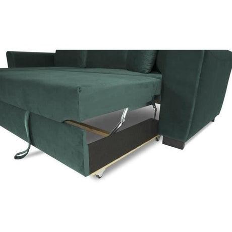 Canapé d'angle convertible HAMILTON 4 places - Tissu velours vert - L 245 x P 140 x H 86 - Coffre de rangement