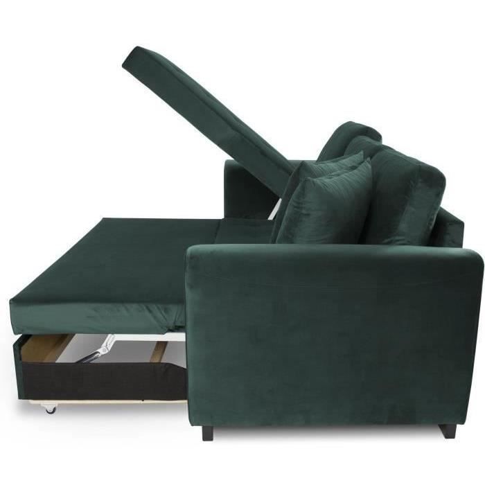 Canapé d'angle convertible HAMILTON 4 places - Tissu velours vert - L 245 x P 140 x H 86 - Coffre de rangement