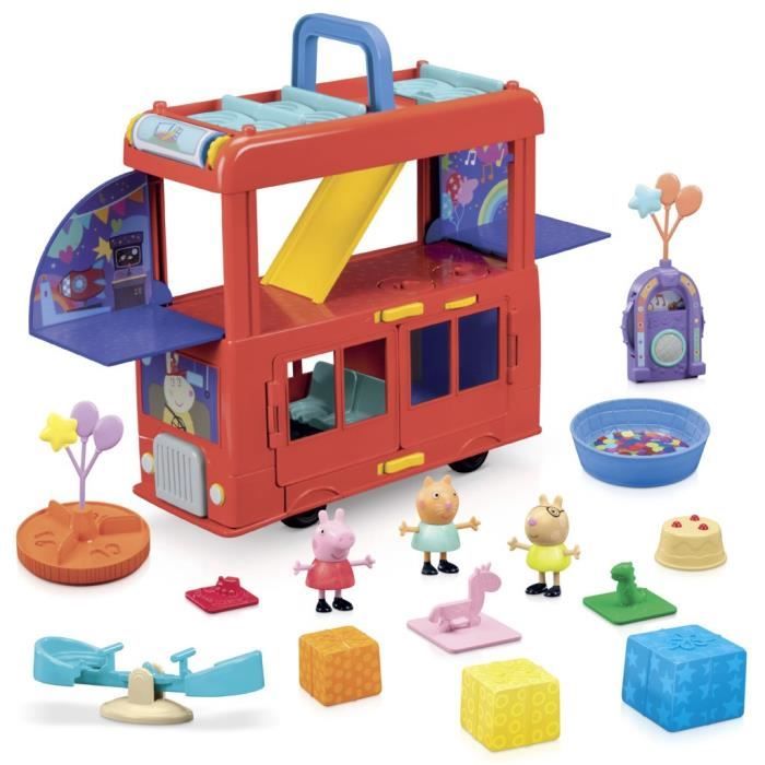 Peppa Pig, coffret Bus en fete 2 en 1 avec 3 figurines et 13 accessoires, jouets préscolaires pour filles et garçons, des 3 ans