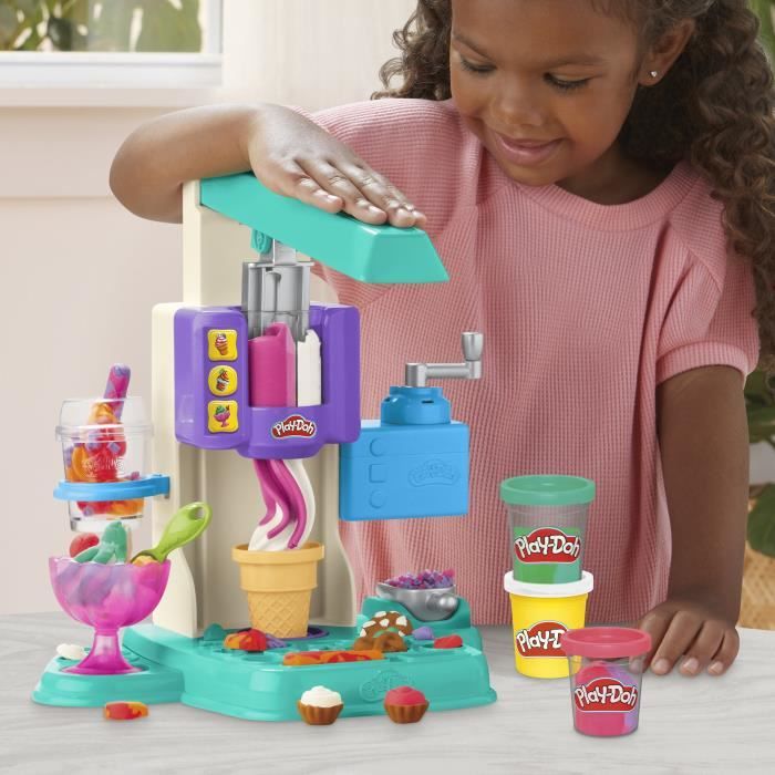 PlayDoh Mes Glaces Arc-en-Ciel, Pâte a modeler, Machine a Creme Glacée factice, 5 pots de 56 g  et accessoires, des 3 ans