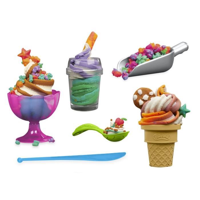 PlayDoh Mes Glaces Arc-en-Ciel, Pâte a modeler, Machine a Creme Glacée factice, 5 pots de 56 g  et accessoires, des 3 ans