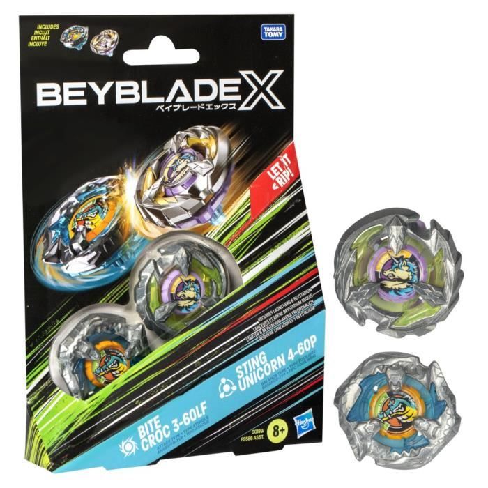 Beyblade X Dual Pack Bite Croc 3-60LF and Sting Unicorn 4-60P, 2 right-spin competition tops, Ages 8 and up