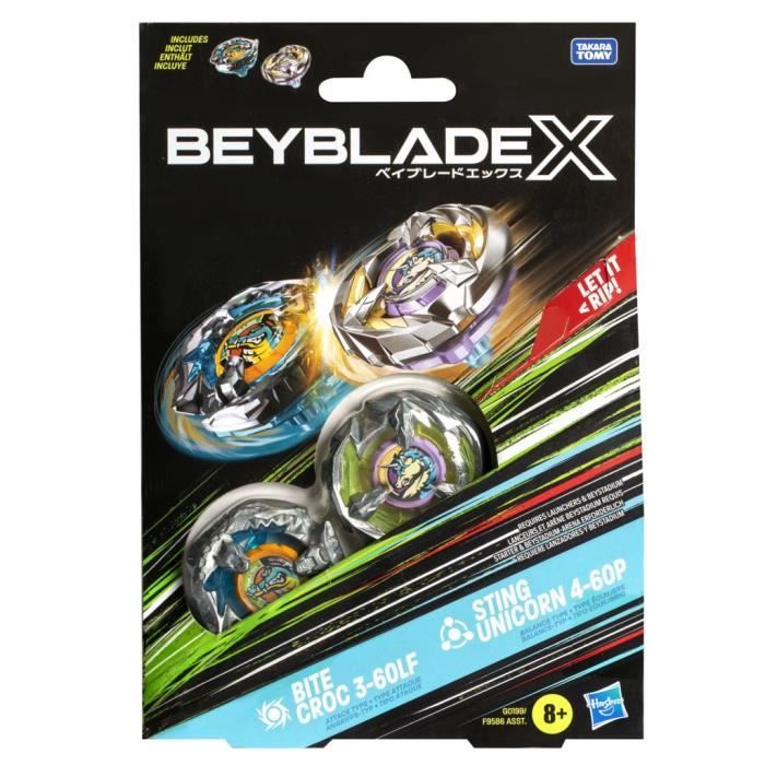 Beyblade X Dual Pack Bite Croc 3-60LF et Sting Unicorn 4-60P, 2†toupies de compÈtition a rotation droite, Des 8 ans