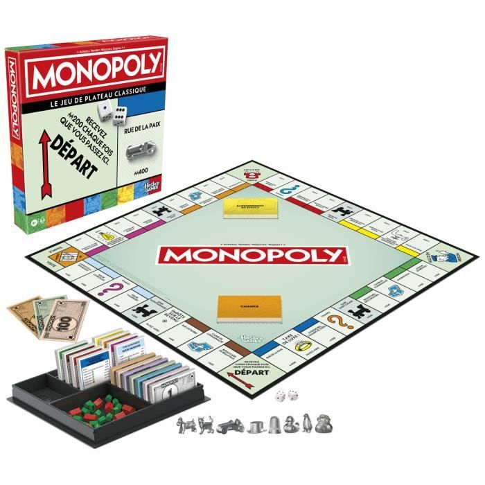 Monopoly classique, jeu de société de plateau, avec boîte de rangement et pions grand format, 2 a 6 joueurs, version FR, des 8 ans,