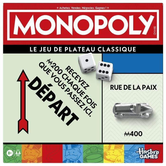Monopoly classique, jeu de société de plateau, avec boîte de rangement et pions grand format, 2 a 6 joueurs, version FR, des 8 ans,