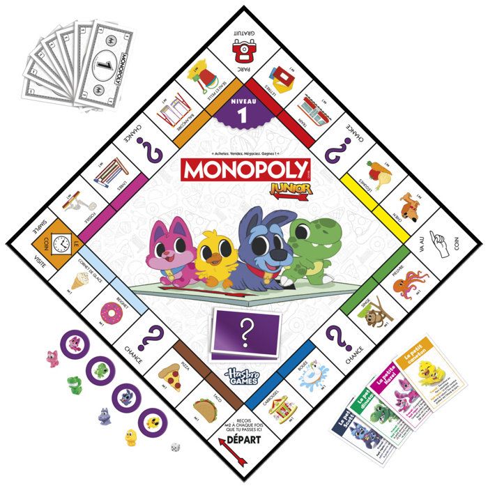 Monopoly Junior 2 en 1 carré (édition 2026), Jeu de Plateau, Plateau réversible, 2 a 4 Joueurs, 20 Min, Version française, des 4 ans
