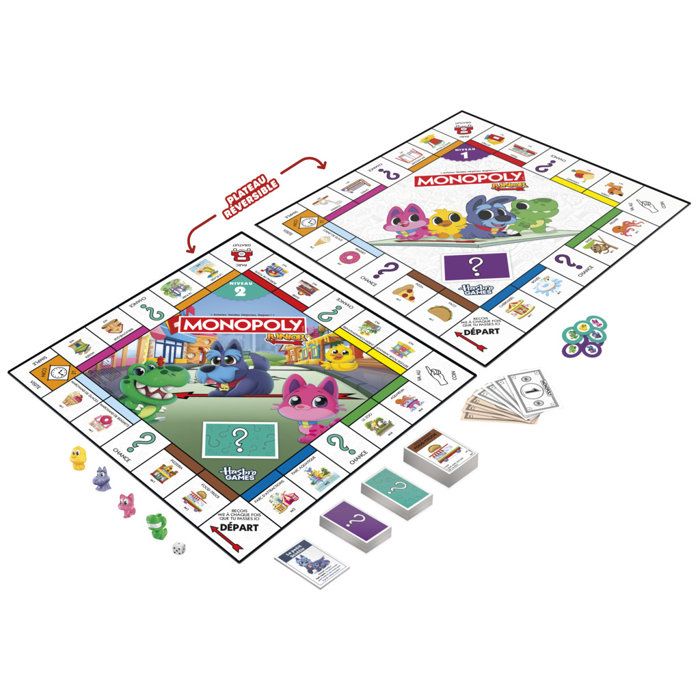 Monopoly Junior 2 en 1 carré (édition 2026), Jeu de Plateau, Plateau réversible, 2 a 4 Joueurs, 20 Min, Version française, des 4 ans
