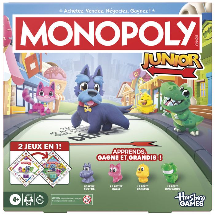 Monopoly Junior 2 en 1 carré (édition 2026), Jeu de Plateau, Plateau réversible, 2 a 4 Joueurs, 20 Min, Version française, des 4 ans