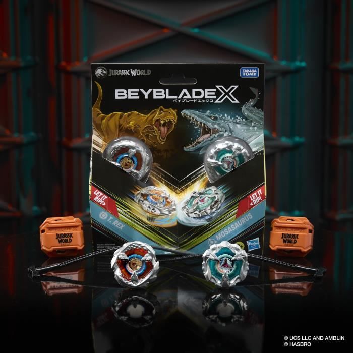 Beyblade X Jurassic World T. Rex contre Mosasaurus, 2 toupies de compétition Takara Tomy, 2 lanceurs, des 8 ans