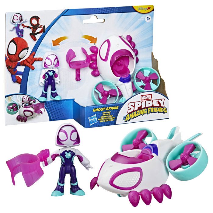 Véhicule Hélico de Ghost-Spider avec figurine de 7,5 cm et accessoire, jouets pour enfants, des 3 ans, Spidey et ses Amis Extraordin