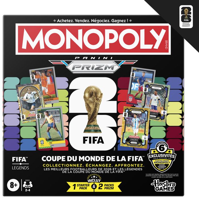 Monopoly Coupe du monde FIFA 2026, jeu de société de football avec booster cartes Panini Prizm FIFA World Cup 2026, des 8 ans
