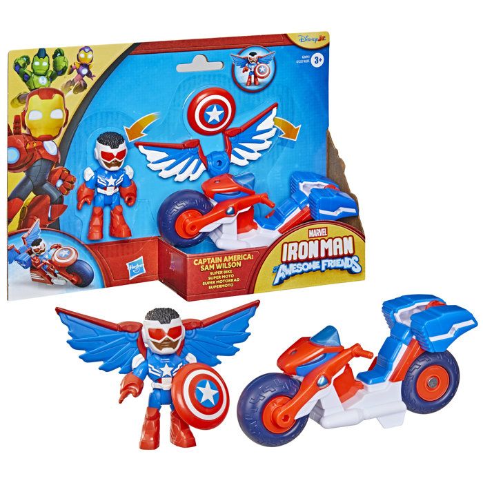 Figurine Captain America : Sam Wilson de 7,5 cm et véhicule Super Moto, Jouets de Super-héros, des 3 ans, Iron Man et Ses Amis Extra