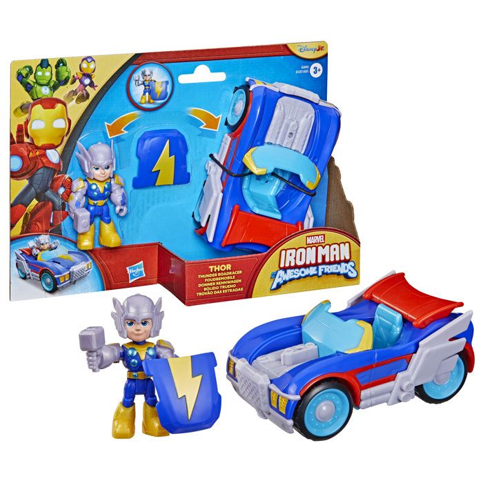 Figurine Thor de 7,5 cm et véhicule Foudremobile, Jouets de Super-héros, des 3 ans, Iron Man et Ses Amis Extraordinaires Marvel